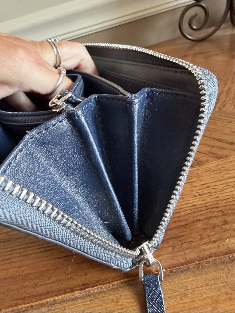 kate spade Lola Dusk Navy Glitter Zip Wallet with silver undertones like new